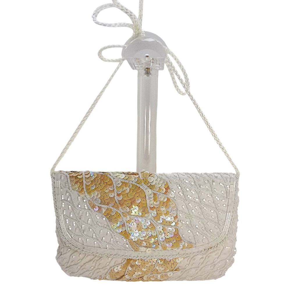 White Sequin Beaded Clutch Evening‎ Handbag Bag Strap